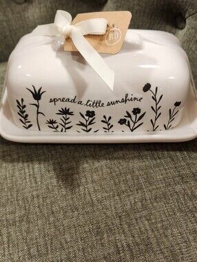 Rae DunnCeramic Butter Dish - White with Black Floral "Spread a Little Sunshine"